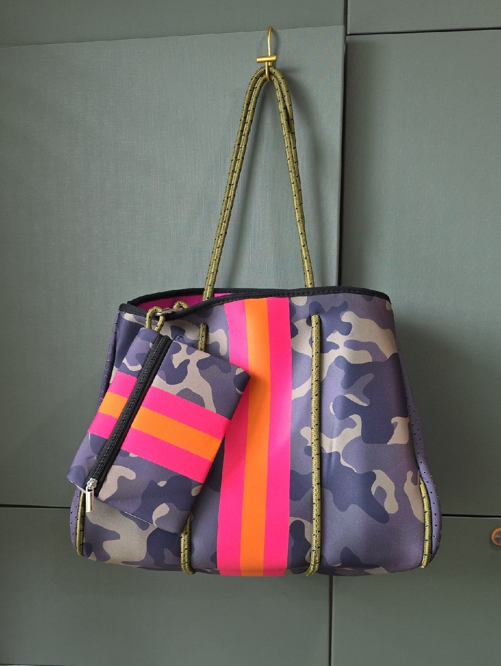 Iris & Rainbow Camo Neoprene Tote Beach Bag w Matching Neon Stripe Wristlet Set